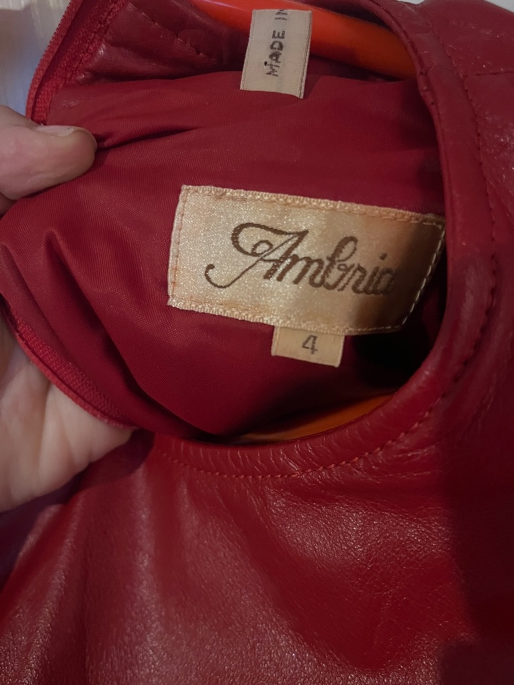 Ambria Vintage Red Leather Dress Size 4 Long Sleeve Shoulder Pads Made in Korea - Picture 2 of 5